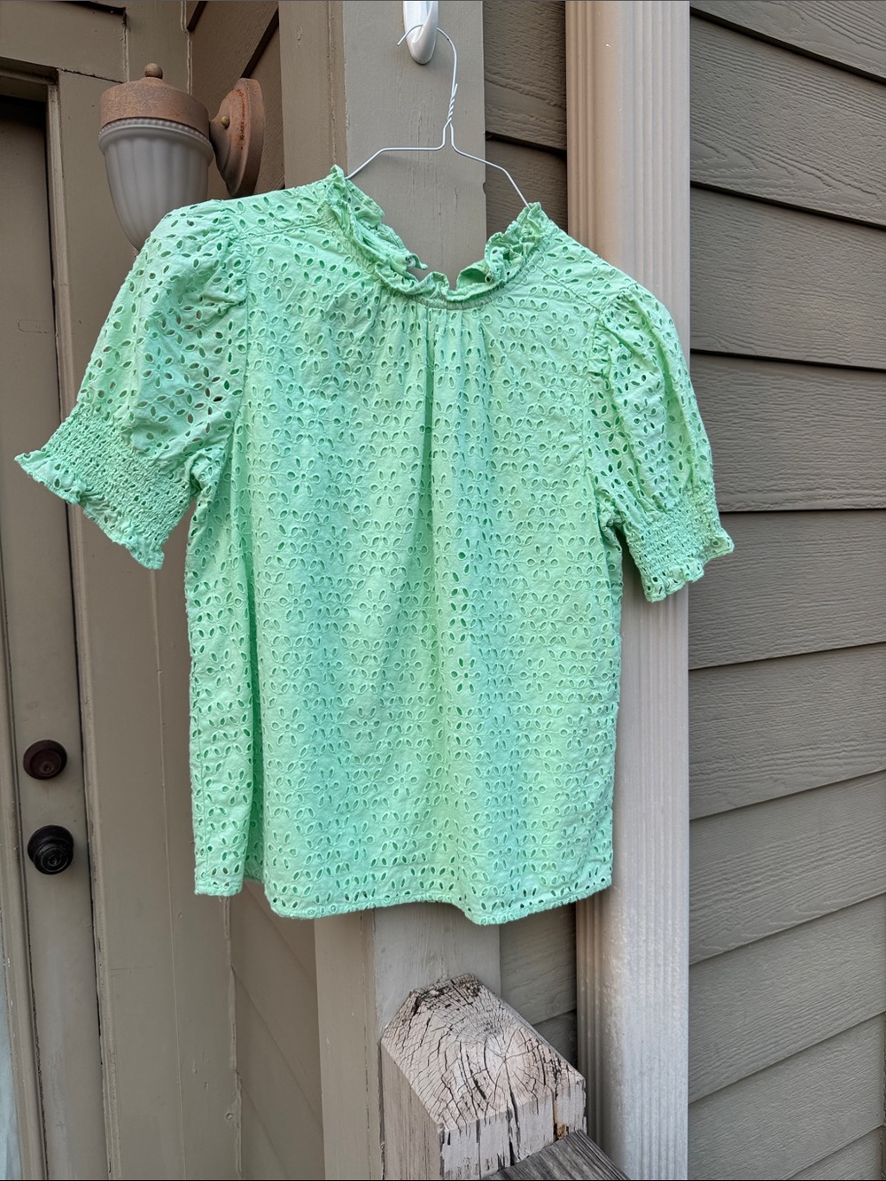 J. Crew Mint Eyelet Ruffle Neck Blouse